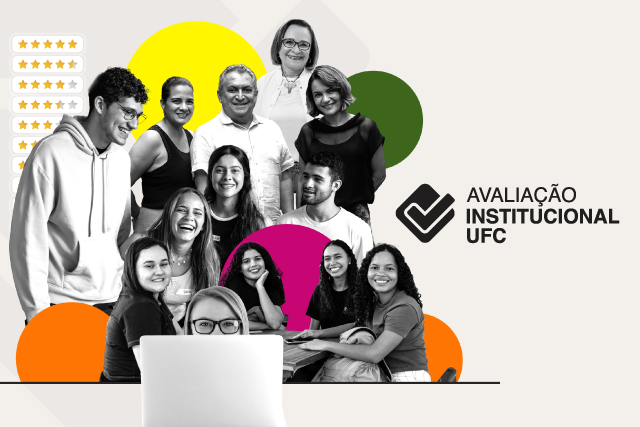 A Avaliação Institucional é destinada a estudantes e docentes da graduação e da pós-graduação da UFC, além dos cursos regulares das Casas de Cultura Estrangeira (Imagem: Secom/UFC) Sobre um fundo cinza com detalhes em amarelo, diversas pessoas, entre e pessoas de meia-idade estão em preto e branco. Ao lado, há a marca da Avaliação Institucional UFC