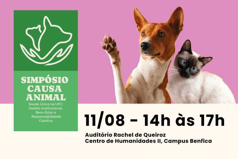Desta vez, o tema do evento será “Direito e comportamento animal” (Foto: Divulgação) Imagem num fundo rosa. Do lado direito, tem um cachorro com a pata levantada e um gato do lado. Do lado esquerdo tem um logo verde com o nome Simpósio da Causa Animal